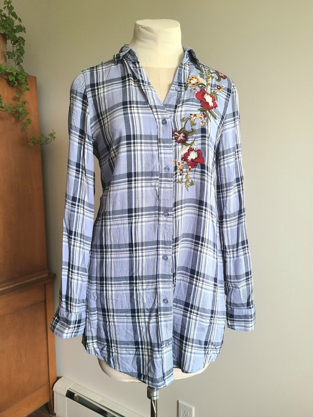 Blue Plaid Button Up w. Floral Embroidery